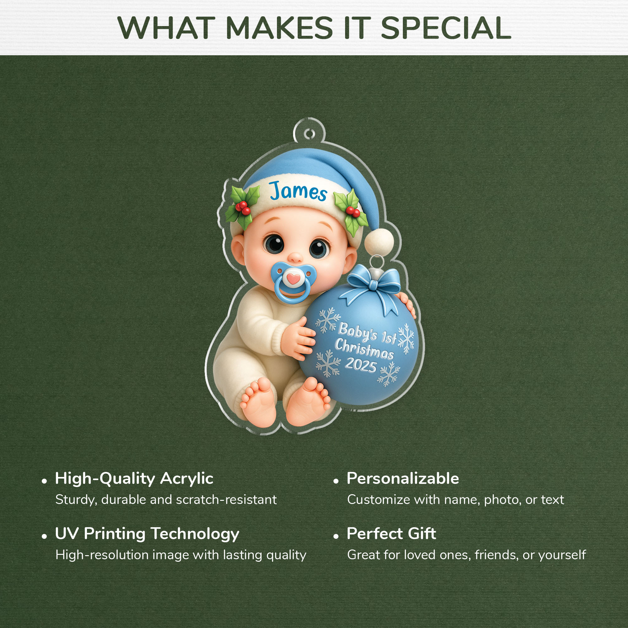 3D Effect Personalized Acrylic Baby's 1st Christmas Ornament