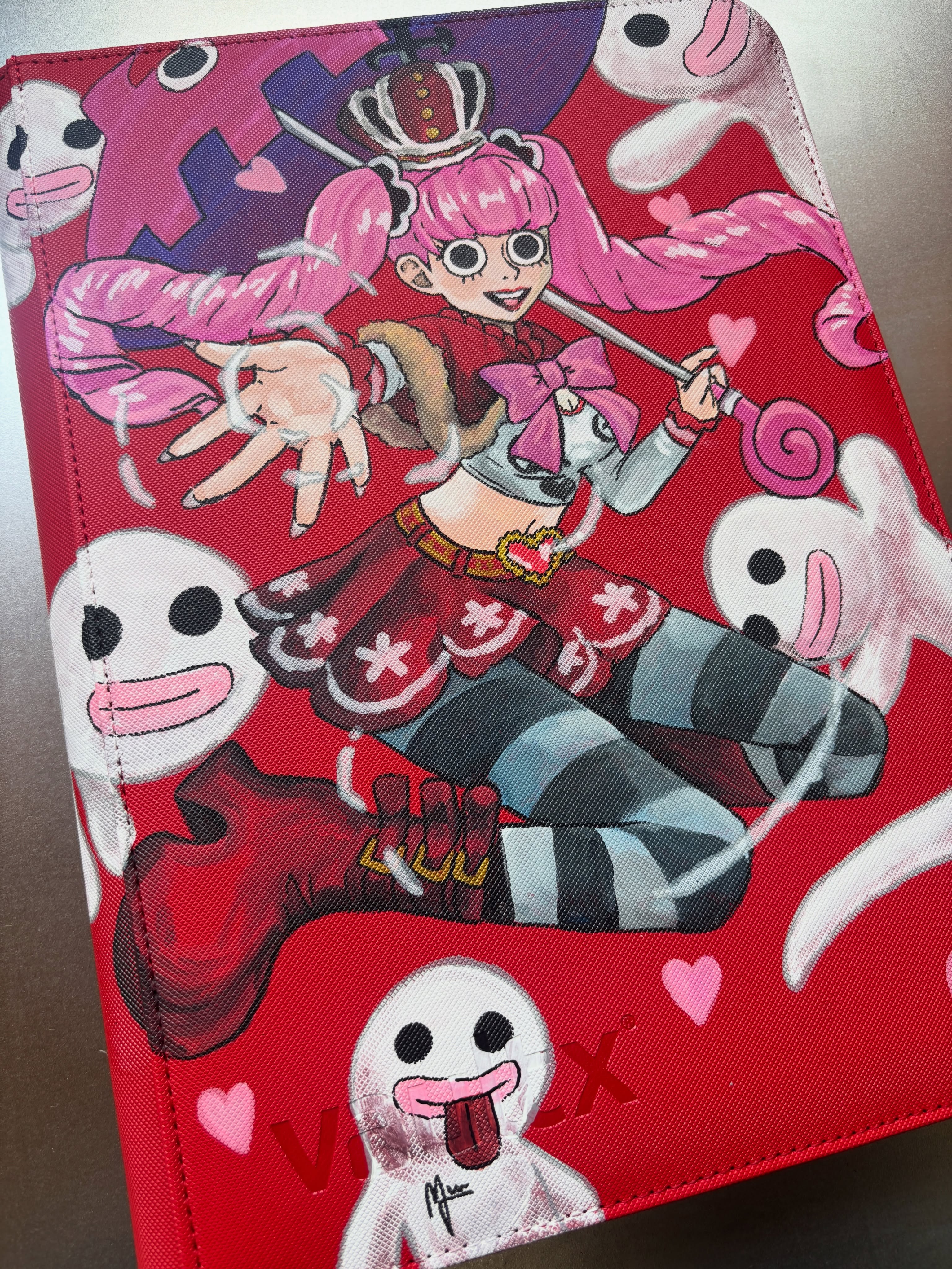 Pink Ghost Jester Binder - hand-painted Crimson Pink card binder cover